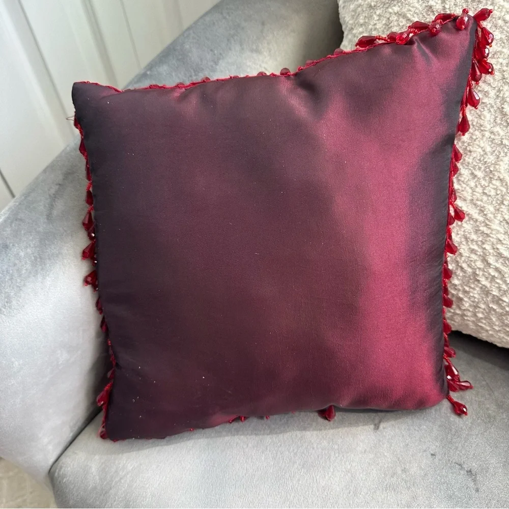 Vintage Burgundy Beaded Floral Pillow Set 2pc Boho Glam Decor 11” 6x8